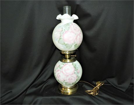 Gone With the Wind / Vintage Hand Painted Floral / Brass Hurricane Table Lamp