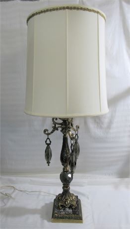 Large Vintage Brass and Marble Lamp with 3 Large Smoke Glass Pendants