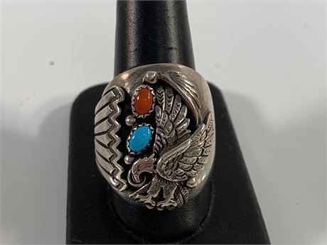 Sterling Silver Turquoise Navajo Signed Frederick Chavez Ring