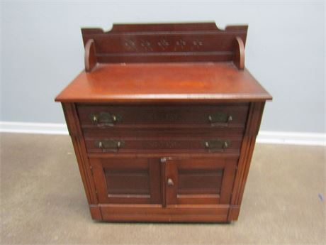 Antique Chest, with 2 Drawers and Doors, Deep Red Color and Carved Trim