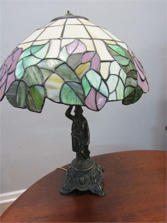Tiffany Style Stain Glass Table Lamp with Floral Leaf Design and Metal Figurine