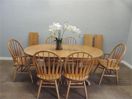 Solid Oak Double Pedestal Dining Table / 6 Chairs