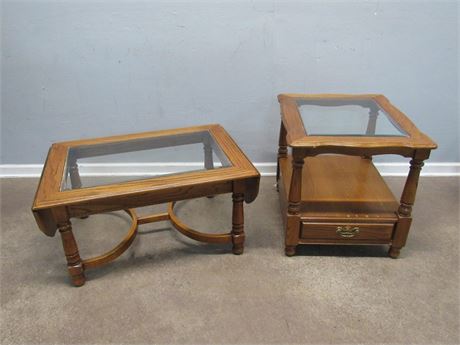 Beveled Glass Top Oak Side Table with Drawer and a Drop-leaf Coffee Table