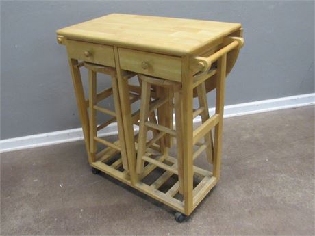 Utility Cart/Drop-leaf Table with 2 Stools