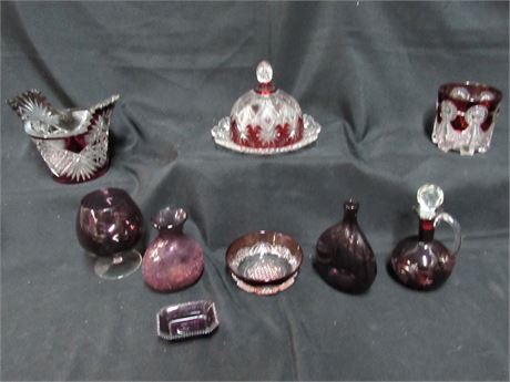 9 Piece Glass Lot - 4 Purple/Amethyst & 5 Vintage Ruby Red