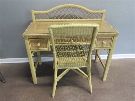 Wicker Desk with Glass Top and Chair