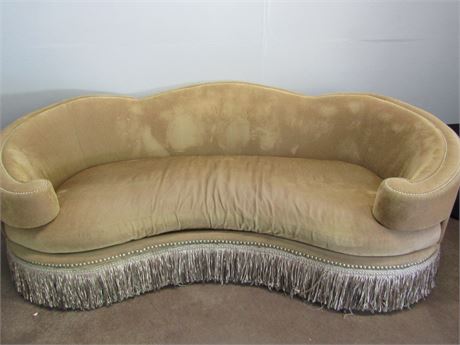 Classic Kidney Shaped Sofa, with Curved Cupped arms, upholstered in Light Brown