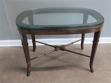 Wood Side Table with Thick Glass Top
