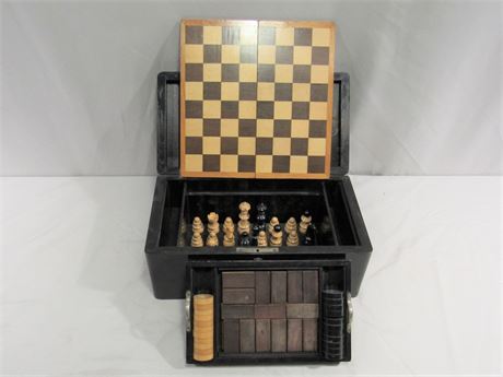 Vintage Wood Checker, Chess & Nine Men's Morris Board Game & Wood Case
