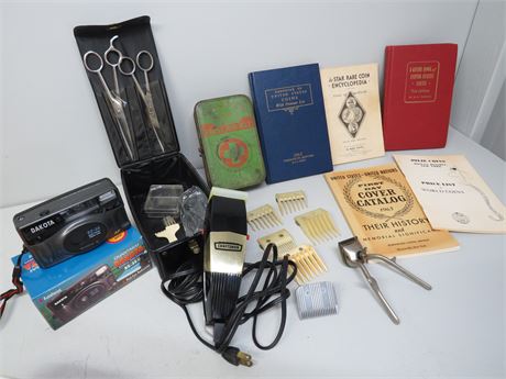 Vintage Craftsman Hair Clipper Kit / Quantaray Dakota 35mm Camera / Coin Books