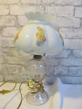 Nice Old Glass Oil Lamp with Electrical Fittings and Hand Painted Glass