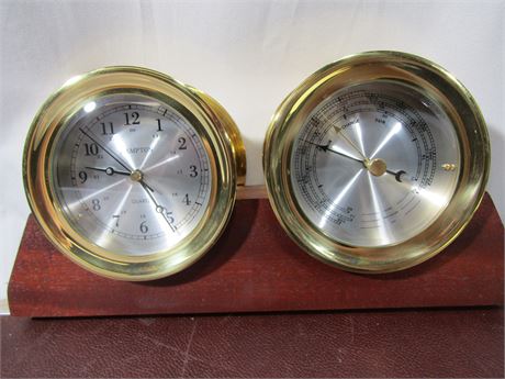 Hampton Quartz Barometer Set Nautical Boat Clock Brass Porthole, on Wood Base