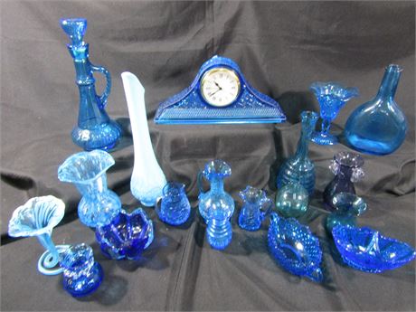 Blue Vintage Glassware Collection, Clock, Decanter, Bud Vase, Candy Dish