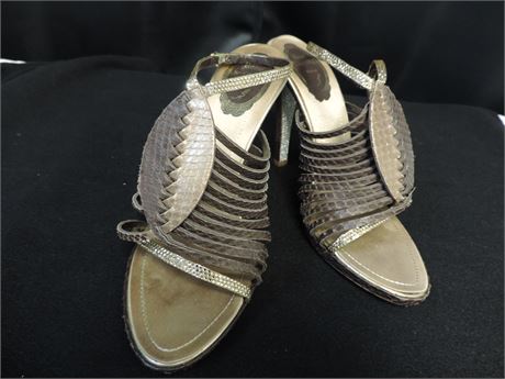 Rene' Caovilla Gold Tone Animal Print Ankle Strap Shoes