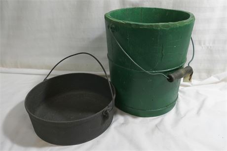 Primitive Iron Short Pot & Painted Wooden Staved Pail Bucket with Wood Handle