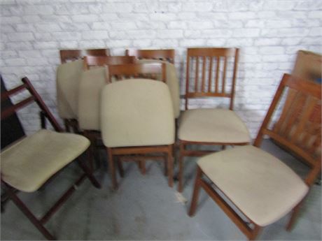 Seven Wooden Folding Chairs with Brown Cushions