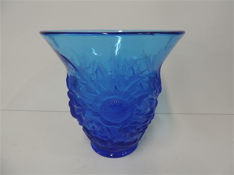 Vintage Frosted Blue Etched Floral Vase