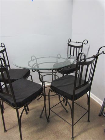 Black Metal Bistro Style Table and Chairs, 4 Bar Stools and Glass Table