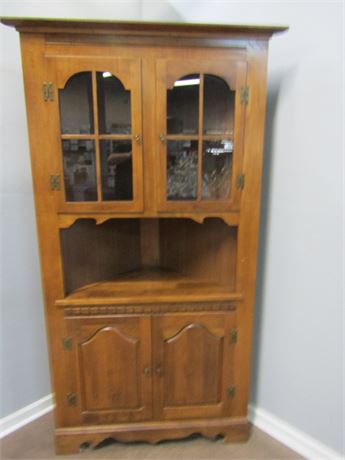 Vintage Wood Corner China Hutch Cabinet, 2 Glass Doors and Bottom Storage