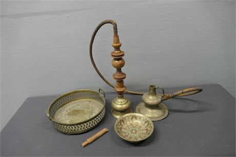 Hookah Water Pipe Brass & Wood/ Spode Citrus Press/ Chamber Candle holder/ Lot