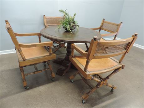 Rustic Style Pedestal Table & Four Chairs on Casters