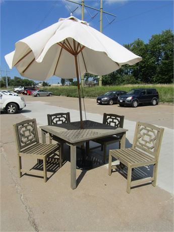 Teak Wood Patio Set by Martha Stewart , 4 Chairs, Table, Umbrella and Stand