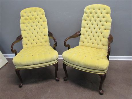 2 Vintage Heavily Tufted Yellow Upholstered Wood Arm Chairs with Nail-head Trim