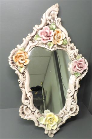 Large CAPODIMONTE Porcelain Framed Floral Mirror / Italy