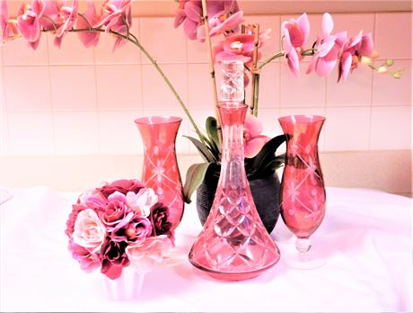 Vintage Pink Crystal Decanter Vases Silk Flower Lot