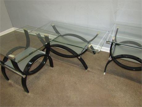 Contemporary Set of End Tables with Coffee Table, Two Tier Glass Shelf and Top