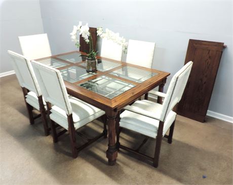 Leaded Glass Top Dining Table / Six Chairs / Two Leaves
