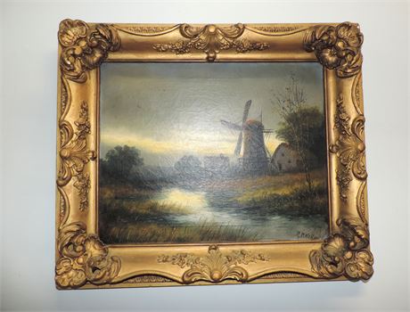 Original Windmill Oil Painting / Ornate Frame