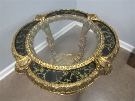 Hollywood Regency Glass Top Gilt and Faux Marble Coffee Table