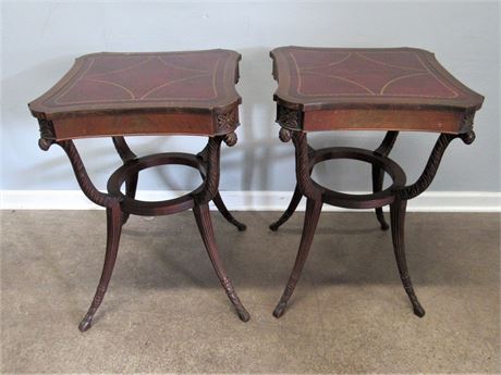 2 Vintage Tooled Leather Top Side Tables