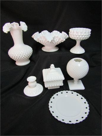 Vintage White Milk Glass Collection, Hobnail Bowls and Ruffled Glassware