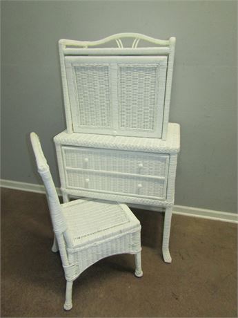 White Wicker Desk, Shelving Unit and Chair