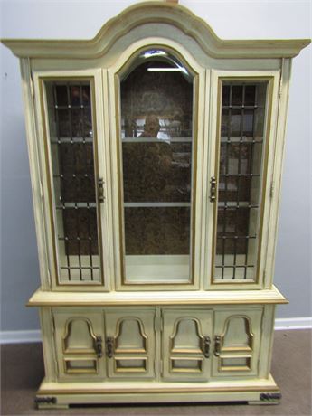 Stanley China Cabinet, French Provincial Style in Ivory Finish, Gold Trim
