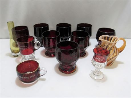 13 Piece Misc. Vintage Glass Lot - mostly Ruby Red