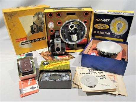 Vintage 4 Piece Camera Lot, with Boxes - Kodak Brownie, Kalart Flash