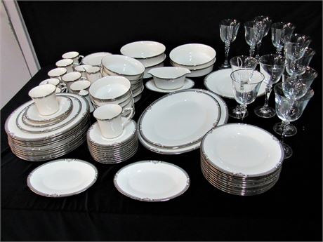 Large Noritake - Halifax Fine China Lot with Crystal Stemware - 95 Pieces