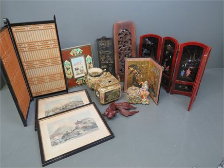 Asian/Chinese Decoratives Lot Vases, Mini Room Divider Screens, Wall Art