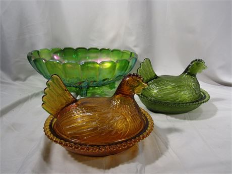 Glass Bird on Nest Covered Bowls and Large Green Serving Bowl