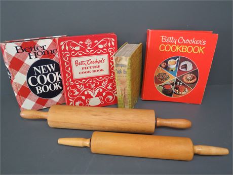Vintage Cookbooks & Wooden Rolling Pins