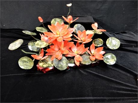 Agate Stone Carved Floral Arrangement with Frogs on a Wood Base