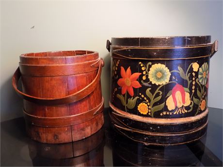 Antique Hand Painted & Primitive Firkin Buckets