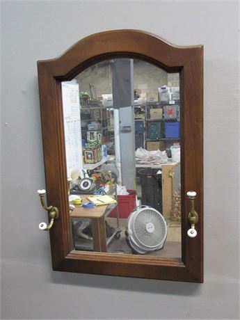 Wood Framed Mirror with Brass and Porcelain Coat and Hat Hooks