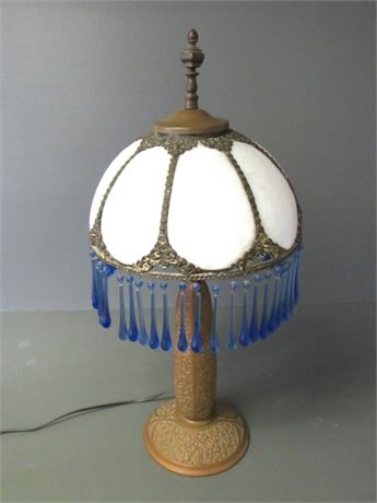 Metal Lamp with Slag Glass Lamp Shade with Blue Glass Pendants.