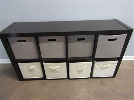 Black Storage Basket Cabinet with 8 Gray and White Baskets