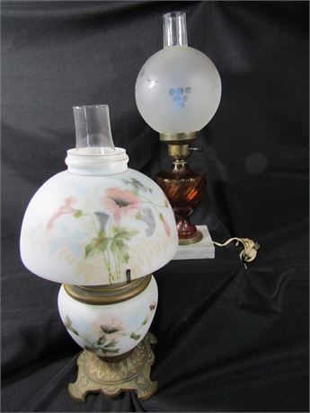 Vintage Table Globe Lamps, with Hand Painted Floral Design