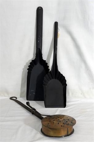 Primitive 18th Century Brass Ember Carrier & Coal Shovel Pair